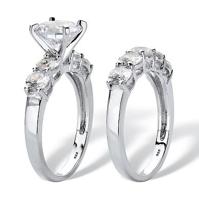 PalmBeach Jewelry 4.25 Cttw. Round Cubic Zirconia Platinum-plated Silver 2-Piece Bridal Ring Set