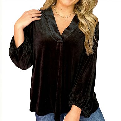 Women's Velvet V-Neck Top 3/4 Puff Sleeve Relaxed Fit Blouse