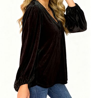 Women's Velvet V-Neck Top 3/4 Puff Sleeve Relaxed Fit Blouse