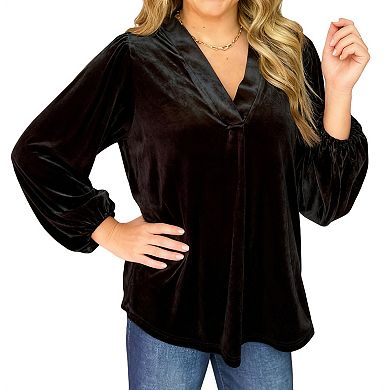 Women's Velvet V-Neck Top 3/4 Puff Sleeve Relaxed Fit Blouse