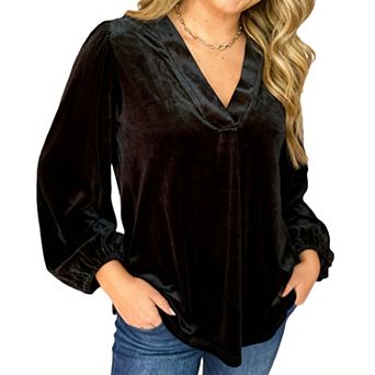 Women's Velvet V-Neck Top 3/4 Puff Sleeve Relaxed Fit Blouse