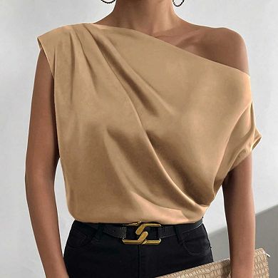 Women's Spring Solid Satin Asymmetrical One-Shoulder Sleeveless Blouse, Loose-Fit Slip-On Top