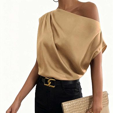 Women's Spring Solid Satin Asymmetrical One-Shoulder Sleeveless Blouse, Loose-Fit Slip-On Top