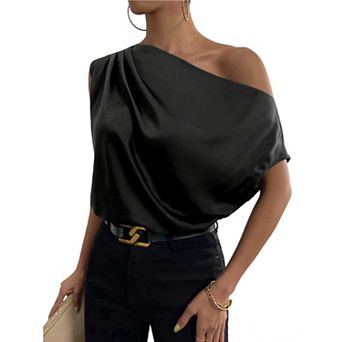 Women's Spring Solid Satin Asymmetrical One-Shoulder Sleeveless Blouse, Loose-Fit Slip-On Top