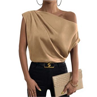 Women's Spring Solid Satin Asymmetrical One-Shoulder Sleeveless Blouse, Loose-Fit Slip-On Top