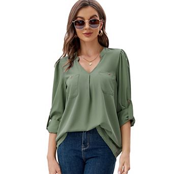 Women's Summer Roll Up 3/4 Long Sleeve V Neck Shirt Casual Loose Top Tunic Workwear Blouses Pocket