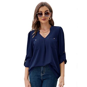 Women's Summer Roll Up 3/4 Long Sleeve V Neck Shirt Casual Loose Top Tunic Workwear Blouses Pocket
