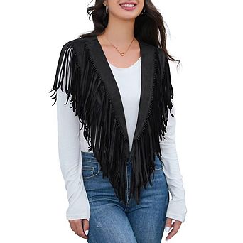 Women's Fringe Vest 70s western Hippie Faux Suede Sleeveless Costume Fringe Waistcoat