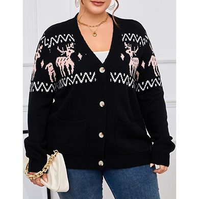 Womens Plus Fair Isle Sweater Button Up Long Sleeve Cardigans Crew Neck Open Front Knit Sweater Coat