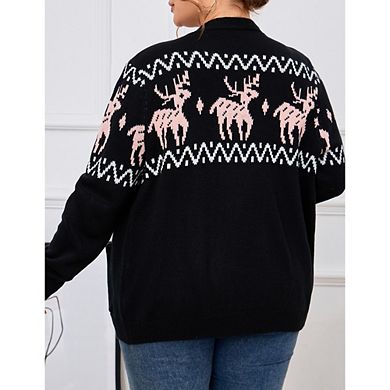 Womens Plus Fair Isle Sweater Button Up Long Sleeve Cardigans Crew Neck Open Front Knit Sweater Coat