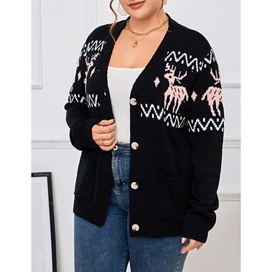 Womens Plus Fair Isle Sweater Button Up Long Sleeve Cardigans Crew Neck Open Front Knit Sweater Coat