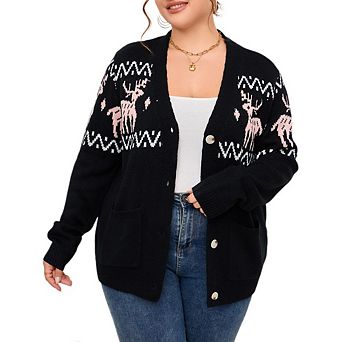 Womens Plus Fair Isle Sweater Button Up Long Sleeve Cardigans Crew Neck Open Front Knit Sweater Coat