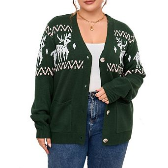 Womens Plus Fair Isle Sweater Button Up Long Sleeve Cardigans Crew Neck Open Front Knit Sweater Coat