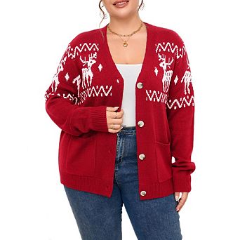 Womens Plus Fair Isle Sweater Button Up Long Sleeve Cardigans Crew Neck Open Front Knit Sweater Coat
