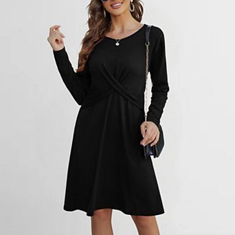 Women's Round Neck Cross Waist Dress Soft Basic Knit Slip Midi Dress for Layering