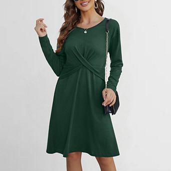 Women's Round Neck Cross Waist Dress Soft Basic Knit Slip Midi Dress for Layering