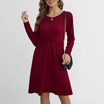 Women's Round Neck Cross Waist Dress Soft Basic Knit Slip Midi Dress for Layering
