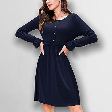 Women's Round Neck Ruffle Trim Dress Soft Basic Knit Button Down Midi Dress for Layering