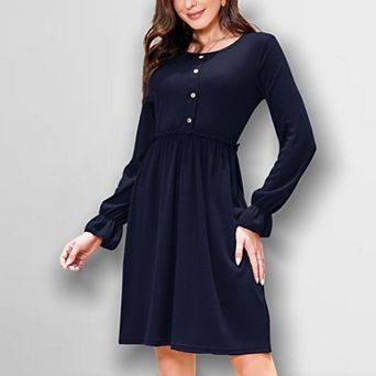 Women's Round Neck Ruffle Trim Dress Soft Basic Knit Button Down Midi Dress for Layering