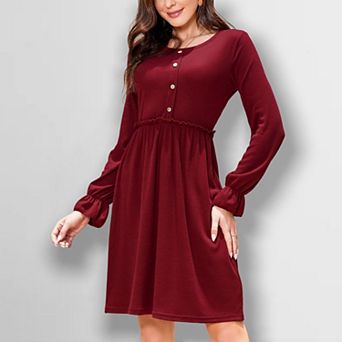 Women's Round Neck Ruffle Trim Dress Soft Basic Knit Button Down Midi Dress for Layering