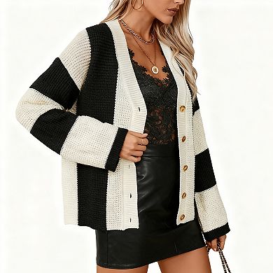Women's Striped Cardigan Color Block Long Sleeve Button Front Knit Sweater