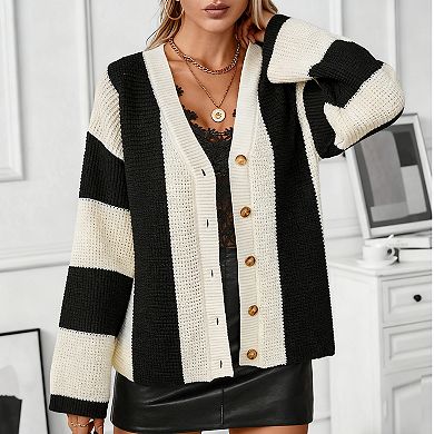 Women's Striped Cardigan Color Block Long Sleeve Button Front Knit Sweater