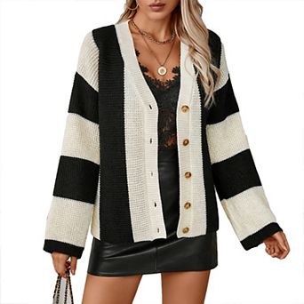 Women's Striped Cardigan Color Block Long Sleeve Button Front Knit Sweater