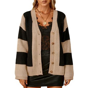 Women's Striped Cardigan Color Block Long Sleeve Button Front Knit Sweater