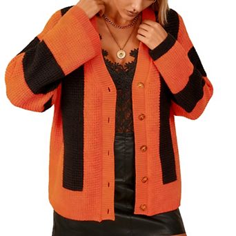 Women's Striped Cardigan Color Block Long Sleeve Button Front Knit Sweater