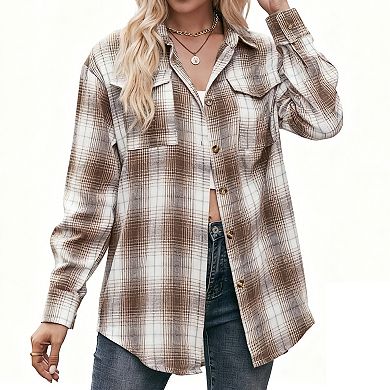 Women's Relaxed Fit Plaid Shirt Oversized Button-Down Casual Top with Notch Collar