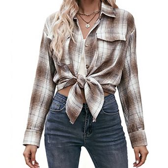 Women's Relaxed Fit Plaid Shirt Oversized Button-Down Casual Top with Notch Collar
