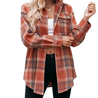 Women's Relaxed Fit Plaid Shirt Oversized Button-Down Casual Top with Notch Collar