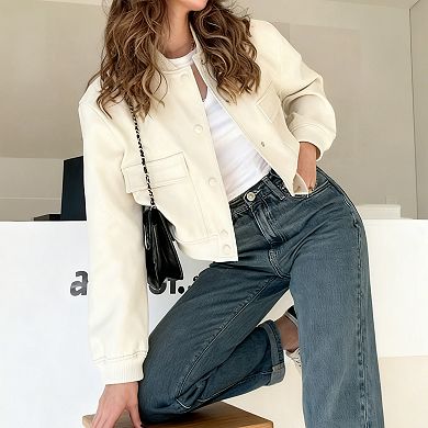 Women's Stand Collar Long Sleeve Fashion Button Open Front Jacket Cropped Coat