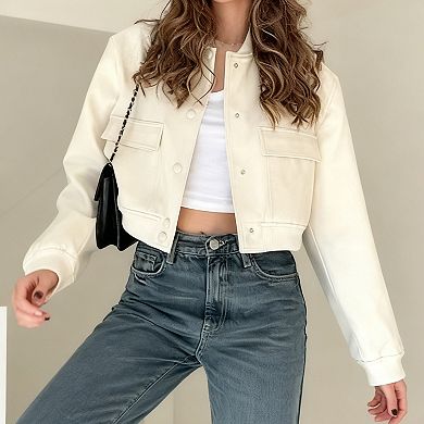 Women's Stand Collar Long Sleeve Fashion Button Open Front Jacket Cropped Coat