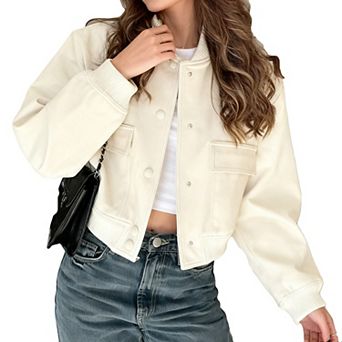 Women's Stand Collar Long Sleeve Fashion Button Open Front Jacket Cropped Coat