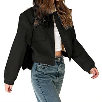 Women's Stand Collar Long Sleeve Fashion Button Open Front Jacket Cropped Coat