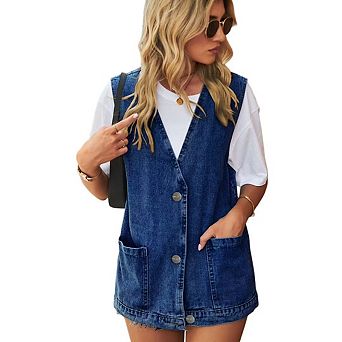 Women's Casual Loose Sleeveless Mid-Length Button Denim Jacket Vest