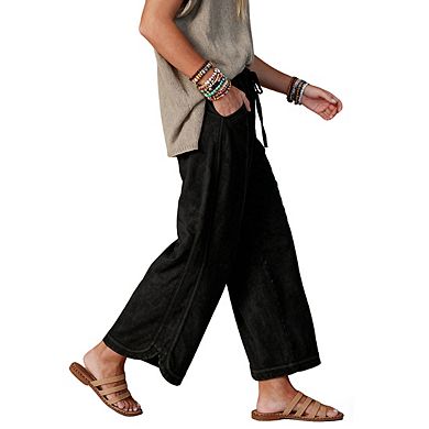 Womens Elastic Waist Drawstring Pocket Casual Wide Leg Cropped Sweatpants