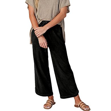 Womens Elastic Waist Drawstring Pocket Casual Wide Leg Cropped Sweatpants