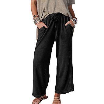 Womens Elastic Waist Drawstring Pocket Casual Wide Leg Cropped Sweatpants