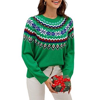 Womens Long Sleeve Sweater Color Block Pullover Christmas Knit Top