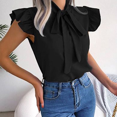 Women's Tie-Neck Flutter Sleeve Blouse Bow Tie Shirt for Work Casual Elegant Office Wear