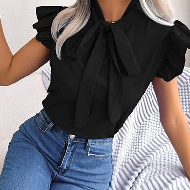 Women's Tie-Neck Flutter Sleeve Blouse Bow Tie Shirt for Work Casual Elegant Office Wear