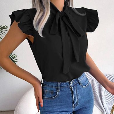 Women's Tie-Neck Flutter Sleeve Blouse Bow Tie Shirt for Work Casual Elegant Office Wear