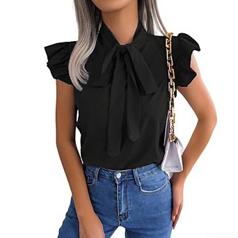 Women's Tie-Neck Flutter Sleeve Blouse Bow Tie Shirt for Work Casual Elegant Office Wear