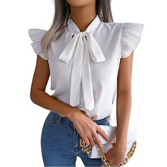 Women's Tie-Neck Flutter Sleeve Blouse Bow Tie Shirt for Work Casual Elegant Office Wear