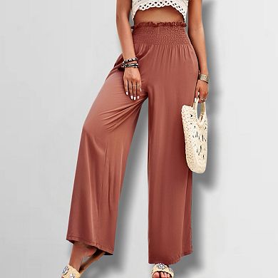 Women's Solid Color Drapey Pants Elastic Waist Ruffle Trim Beach Trousers Casual Lounge