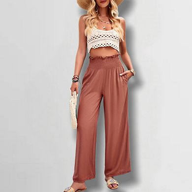 Women's Solid Color Drapey Pants Elastic Waist Ruffle Trim Beach Trousers Casual Lounge