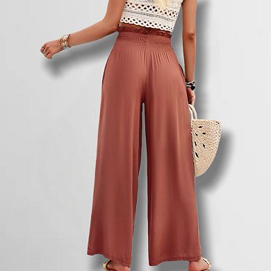 Women's Solid Color Drapey Pants Elastic Waist Ruffle Trim Beach Trousers Casual Lounge