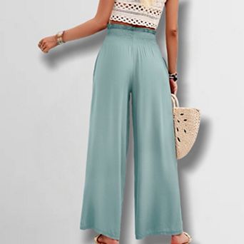 Women's Solid Color Drapey Pants Elastic Waist Ruffle Trim Beach Trousers Casual Lounge